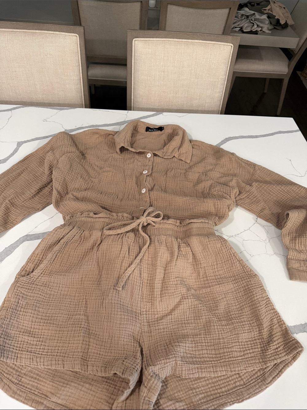 Women’s Tan Gauze Button two piece set  with Drawstring Waist